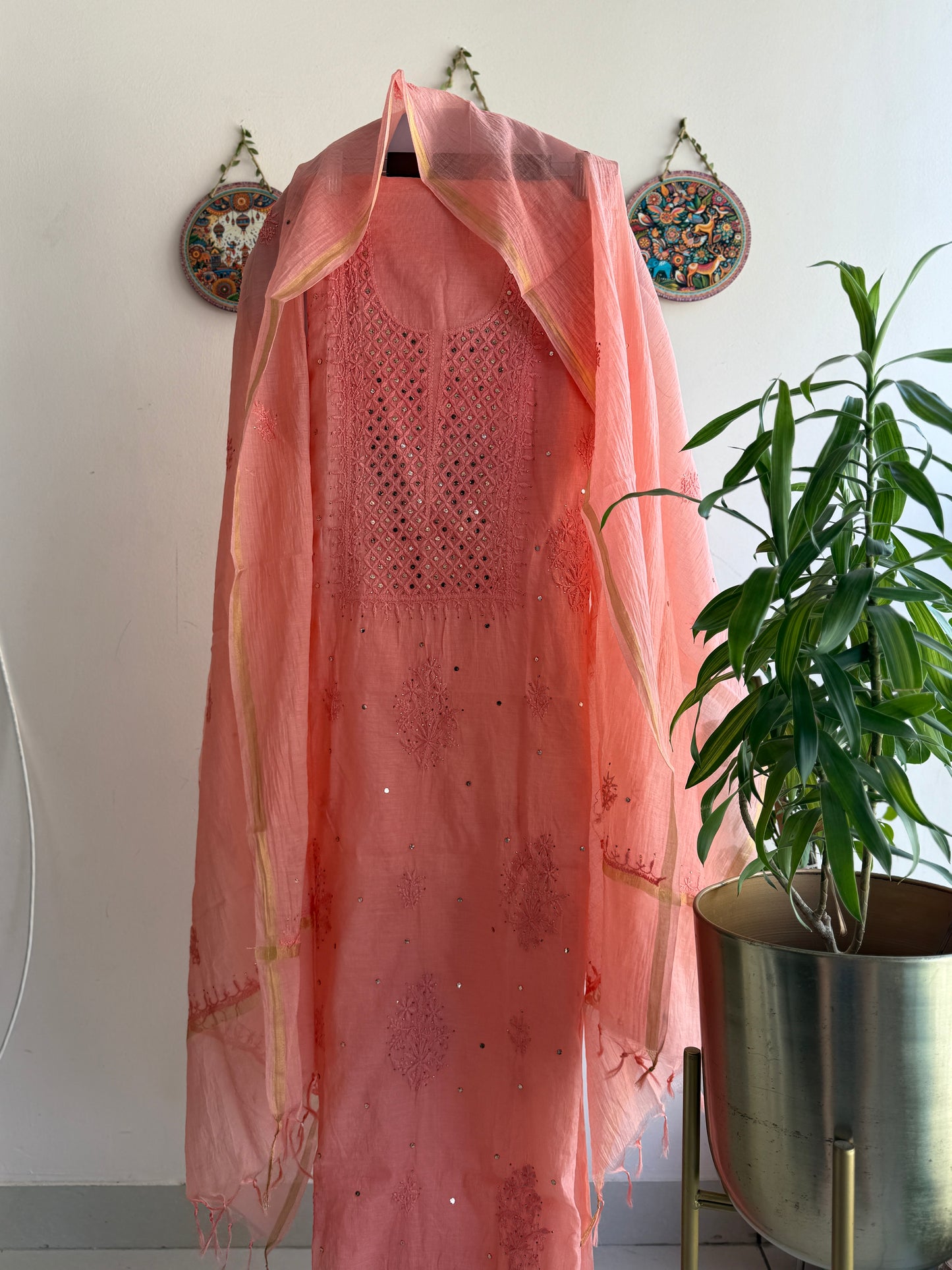 Lucknowi Chikankari Thread Work in Mul Chanderi with add on Mukaish Work Dana