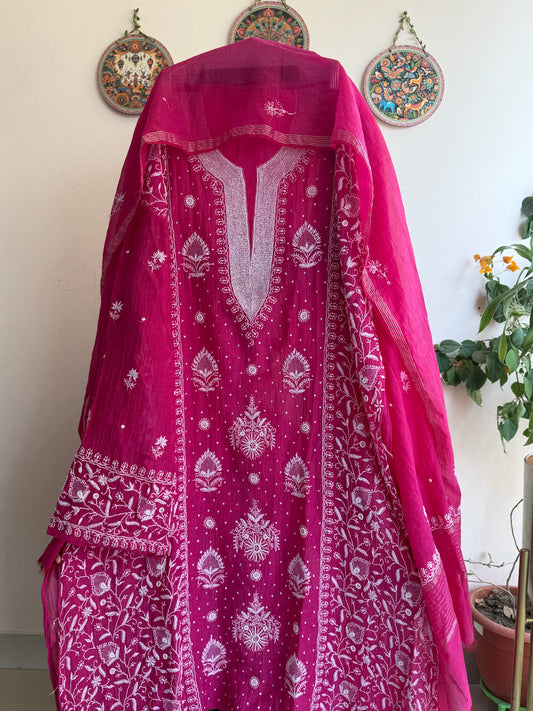 Lucknowi Chikankari Suit Set – Pearl, Cutdana & Jaali Work, Mul Chanderi