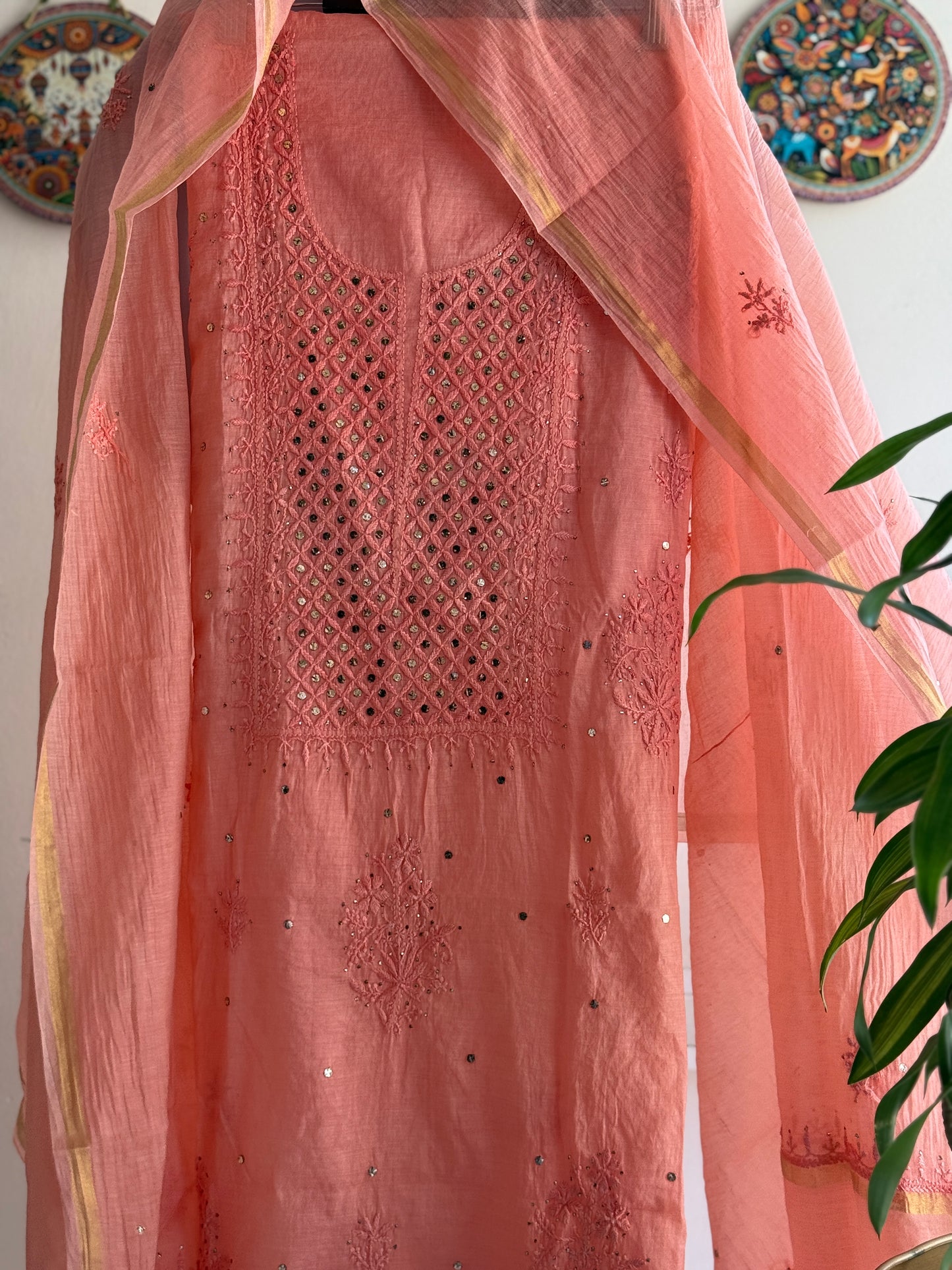 Lucknowi Chikankari Thread Work in Mul Chanderi with add on Mukaish Work Dana