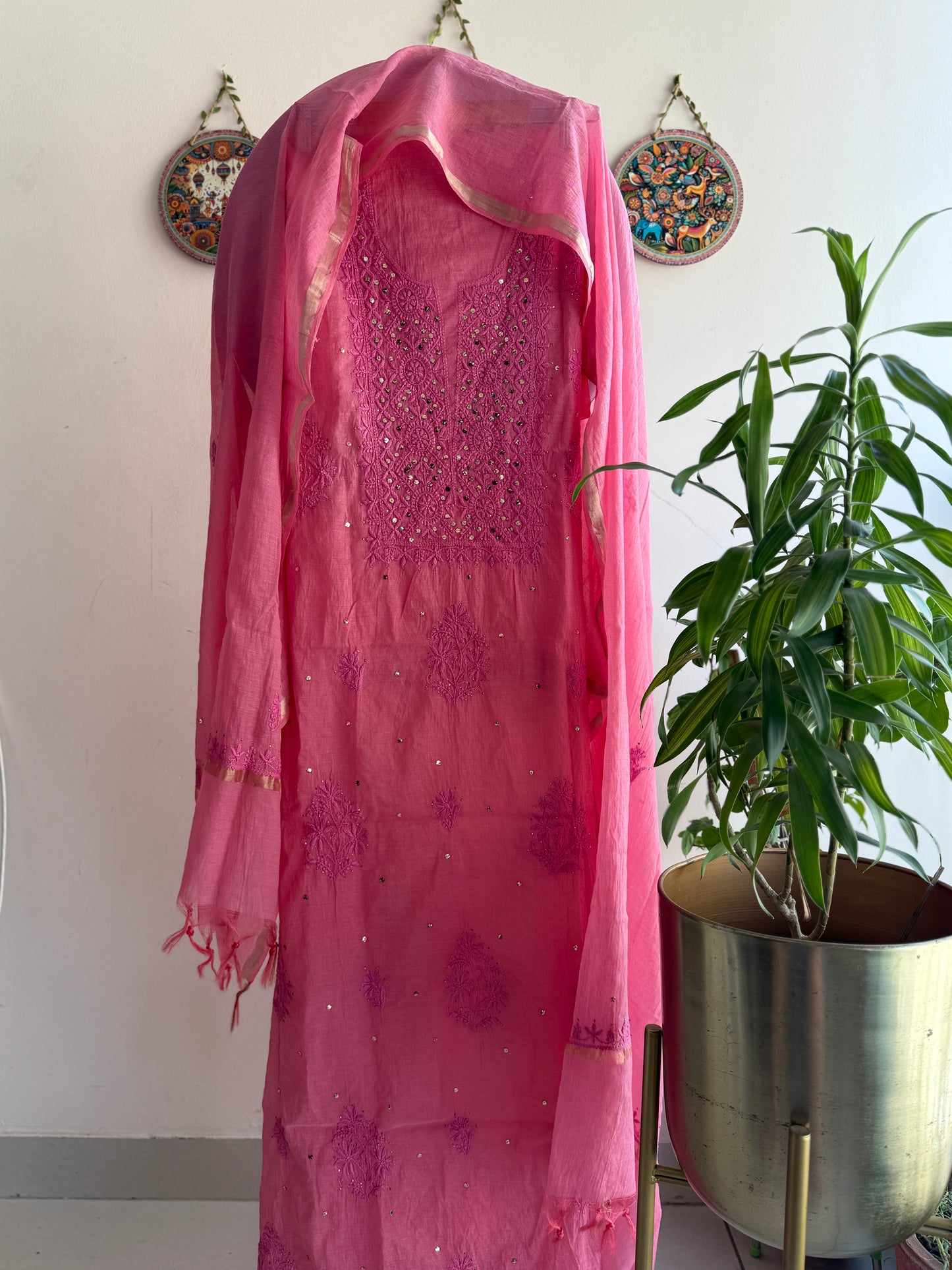 Lucknowi Chikankari Thread Work in Mul Chanderi with add on Mukaish Work Dana