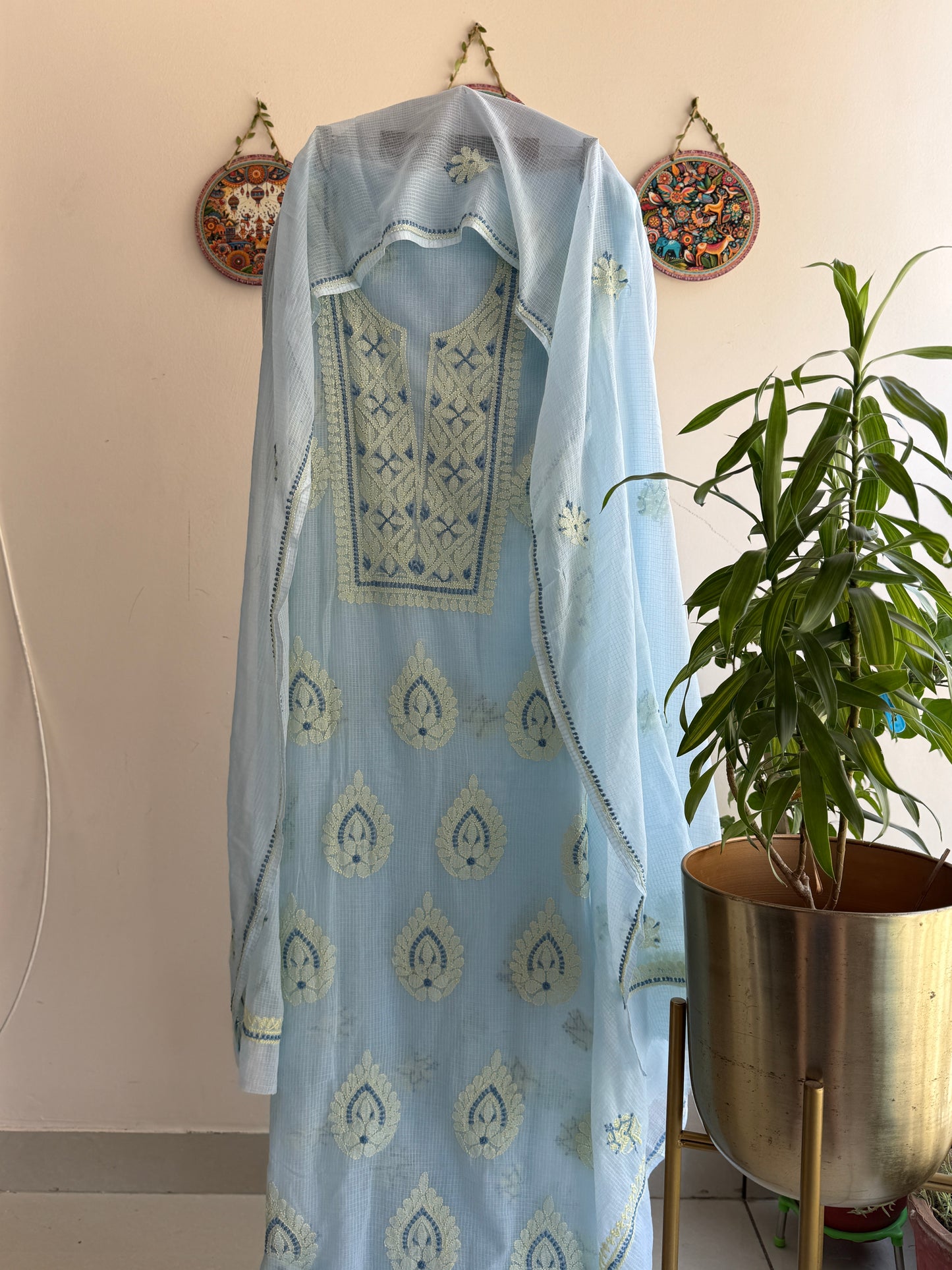 Lucknowi Chikankari Kota Doria Suit Set With Color full thread