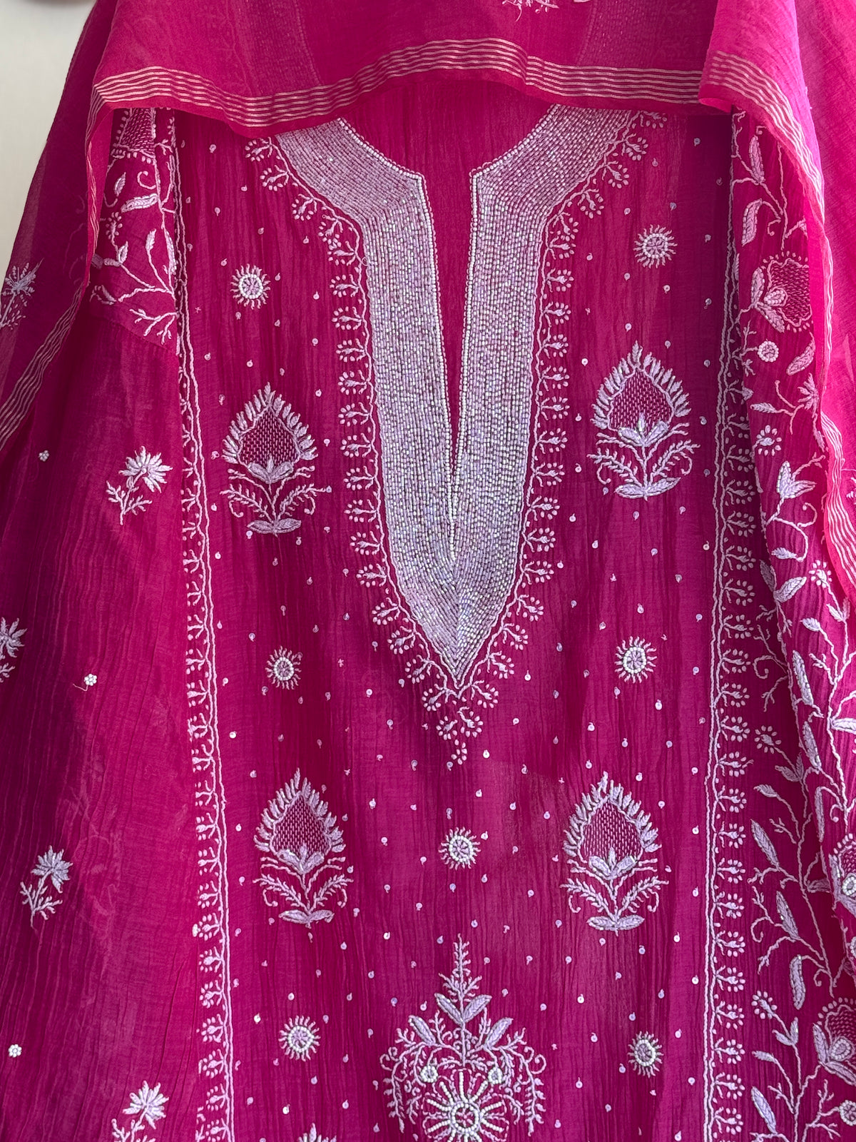 Lucknowi Chikankari Suit Set – Pearl, Cutdana & Jaali Work, Mul Chanderi